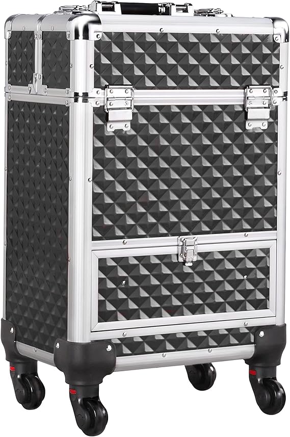 Yaheetech Rolling Makeup Train Case Aluminum Cosmetic Case with Wheels Barber Case Salon Lockable Travel Trolley with Sliding Drawers Removable Divider, BlackSilver