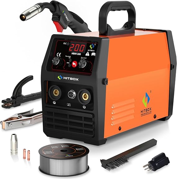 HITBOX 140A MIG Welder Gasless, 110V/220V Dual Voltage Flux Core Welder Flux MIG/Lift TIG/Stick 3 In 1 Synergy MIG Welding Machine With Torch Clamp and 0.8mm Flux Wire