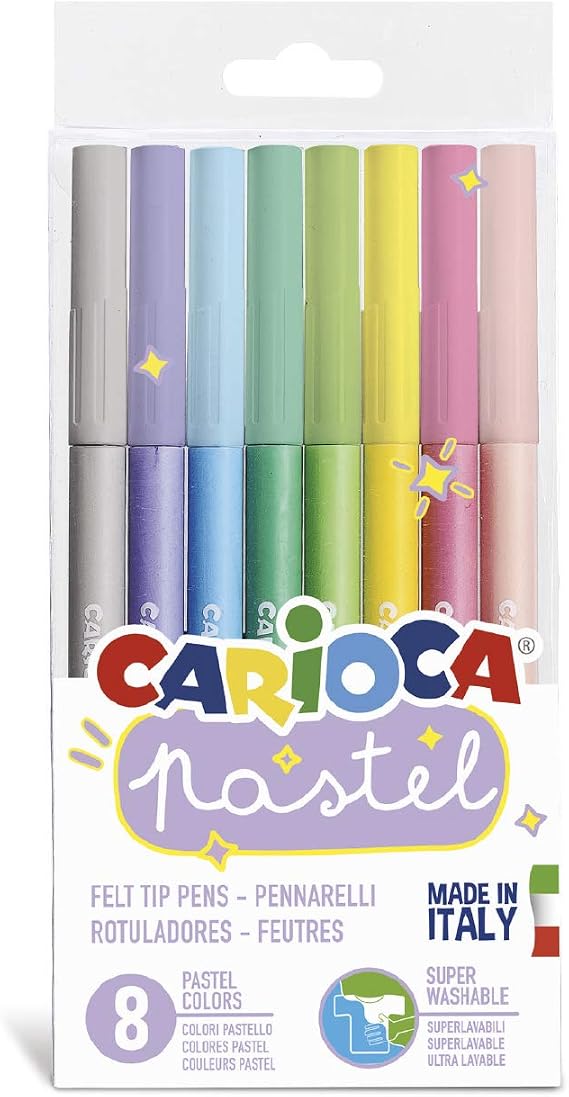 Carioca Pastel Markers 8-Pack Super Washable Felt Tip Pens, Soft Pastel Colors, Non-Toxic Ink, Conical Blocked Tip for Double Stroke, Art & School Supplies, Made in Italy