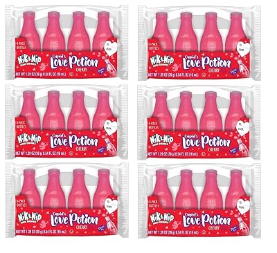 Nik-L-Nip Valentines Day Mini Drinks Bottle Wax Candy, Cupids Love Potion, Cherry Flavor, 4 Count 1.39 Oz Pack of 6