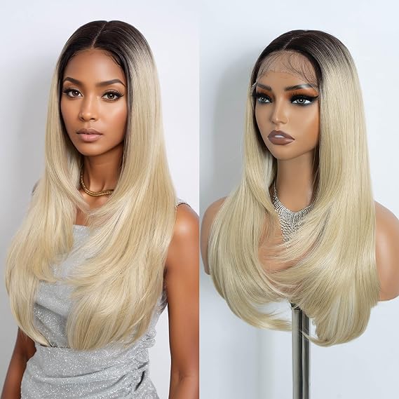 NOBLE Blonde Highlight Straight Layered Wig for Women 24 inchSynthetic Lace Front Wig Ombre Blonde Wig for Daily.