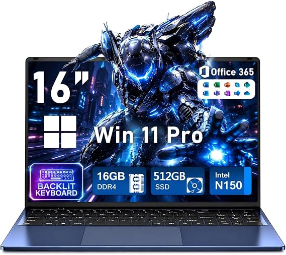 NIAKUN Gaming Laptop,16 Inch Laptops Computer with 16GB RAM 512GB SSD,Intel N150 (4C/4T),2026 Windows 11 Pro & Office Included,Backlit Keyboard,Portable Laptop used for Gaming College Student Business