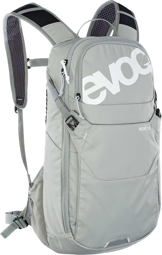 EVOC RIDE 12 bike travel rucksack for trails and other activities (clever pocket management, ventilated with AIR-PAD back padding), Stone Grey