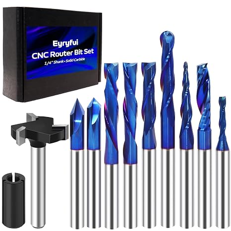 10Pcs CNC Router Bits Set, 1/4" Shank Solid Carbide Multiple Uses Router Bit for Woodworking Detail Carving Trimming V Groove Engraving Slotting Mortise MDF Resin Lettering Sign Making-Type A