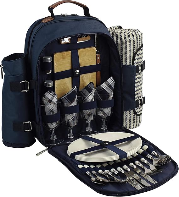Picnic Backpack | Picnic Basket | Stylish All-in-One Portable Picnic Bag for 2 with Complete Wooden Cutlery Set, Stainless Steel S/P Shakers | Waterproof Fleece Picnic Blanket | Cooler Bag for Campin