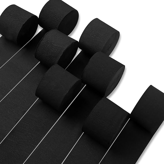 PartyWoo Crepe Paper Streamers - 8 Rolls, 656ft Matte Black, Perfect for Birthday & Wedding Decorations (1.8 Inch x 82 Ft/Roll)