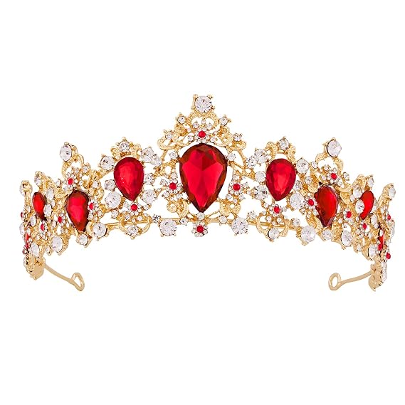 Queen of Hearts Costume Women Evil Queen Crown, Scarlet Witch Crown Glinda Princess Belle Evie Tiara Heart Accessories Headpiece Gold Red Ruby Headband for Halloween Sexy Bride Woman Adult