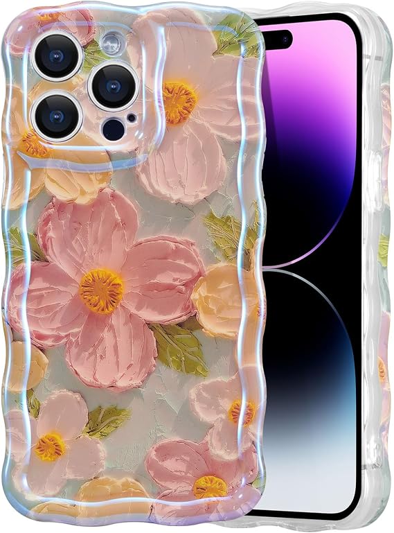 Eyzutak iPhone 13 Pro Max Mobile Phone Case Colorful Vintage Oil Painting Flower Glitter Laser Flower Curly Wavy Frame Soft TPU Case Ultra Thin Silicone Shockproof Green