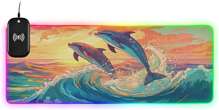 AIXIWAWA (Leaping Dolphins Wireless Charging Mouse Pad 15 w RGB Glowing Mouse Soft Mat Large Oversized Gaming Keyboard Pad for Desk