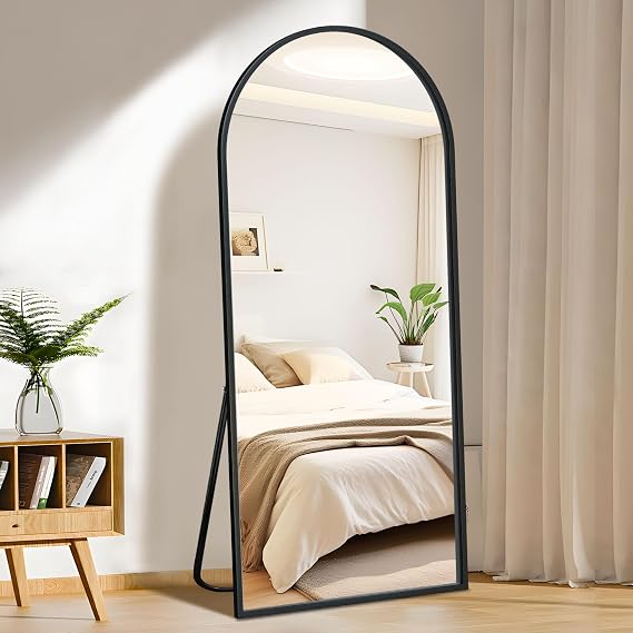 Arched Full Length Mirror with Stand, 64"x21" Full Body Mirror Standing Hanging or Leaning Wall, Arch Wall Mirror with Aluminum Alloy Thin Frame for Bedroom Living Room Black