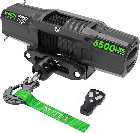 TYT 6500 lb UTV Winch Kit,12 Volt DC Electric Trailer Winch with Wireless Remote and Wired Switch,1/4" x 50FT Synthetic Rope Winch with Rubber Stopper and Mounting Plate