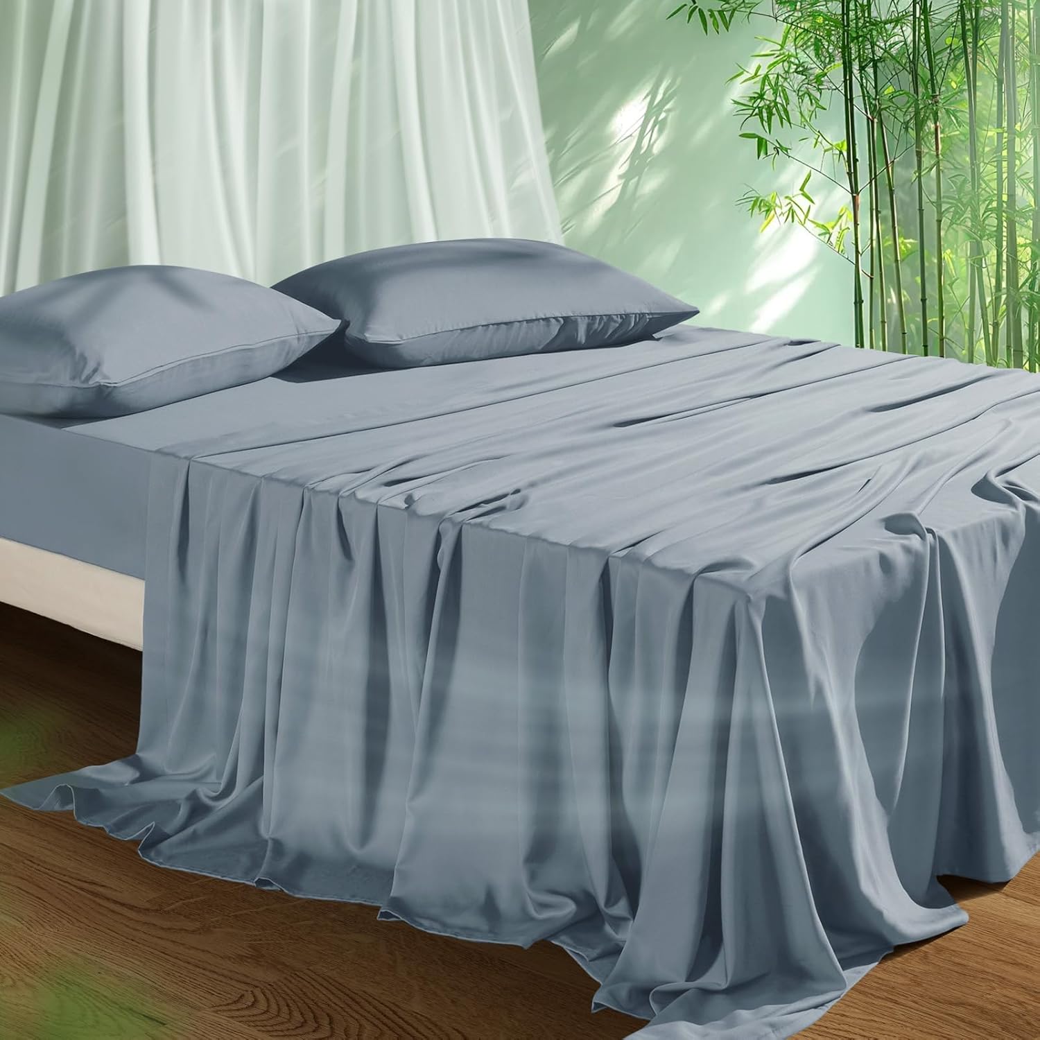 Cooling Sheets Set Queen Size, Viscose Derived from Bamboo for Hot Sleepers | Deep Pocket Up to 16 Inch | Silky Soft & Breathable Bedding - 4PC Queen, Mineral Blue