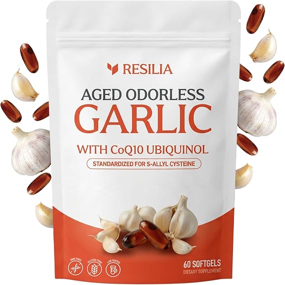 Resilia Odorless Aged Garlic Extract Softgels (60 Count) | 1200mg Aged Garlic Extract Per Serving | with CoQ10 Ubiquinol & Vitamin K2 (MK-7) | Dietary Supplement