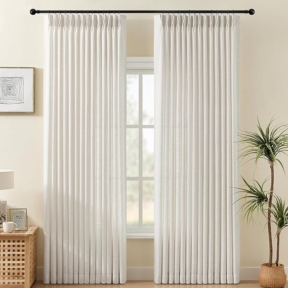 Pinch Pleated Linen Curtains 84 Inches Semi Sheer Drapes Light Filtering | Pleat Curtain for Living Room, Memory Trained Textured Linen Blend Curtains, Hooks Rings, Cream Beige Natural, W40, 2 Panels