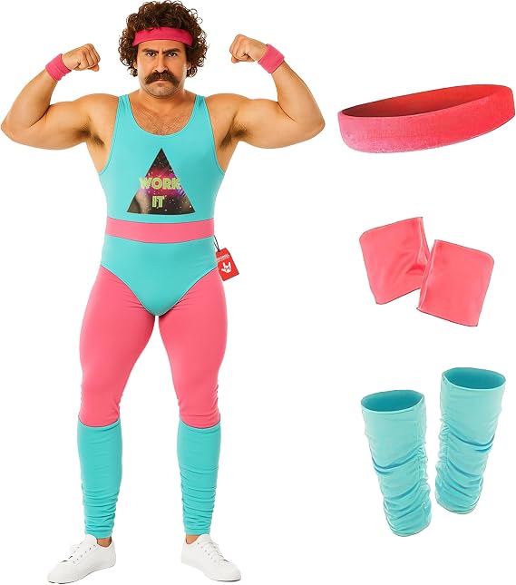 fun shack, 80s Fitness Guru Costume Men, Halloween Costumes for Men | Bright Blue Leotard with a Slogan Front, Pink Leggings, Blue Leg Warmers Included, Perfect for Halloween, Great for Dress-Up