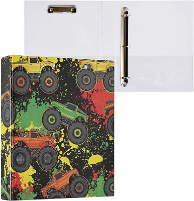 Black Monster Trucks 3 Ring Binder 1.5 Inch Ring Binders with Clear View Binder Organizer for Office Home School, Holds 200 Sheets, Fit A4 Letter Size Paper, 2 Pack
