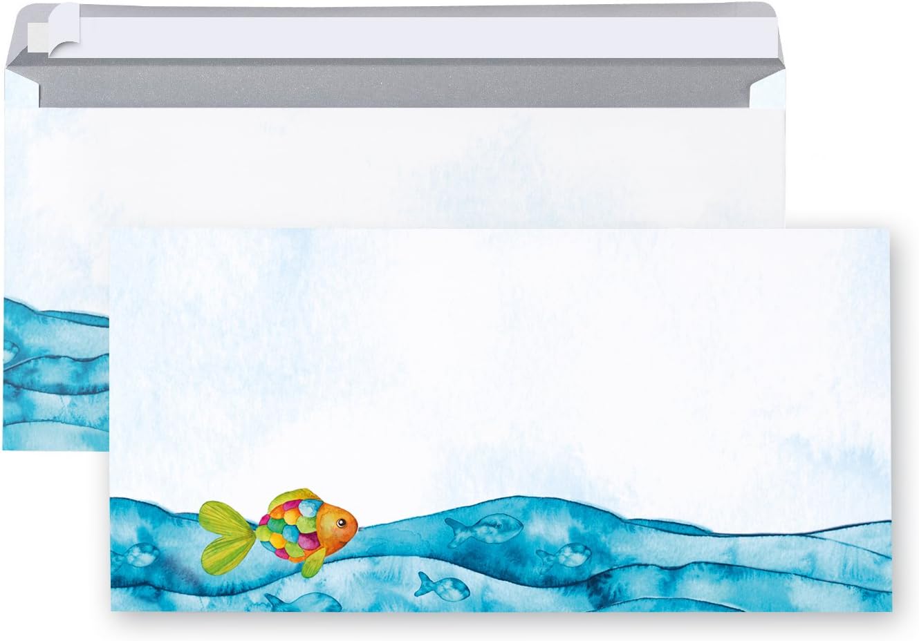 Logbuch-Verlag Envelopes Blue Turquoise with Colourful Fish Envelopes Maritime DIN Long 22 x 11 cm with Invitation Christening Communion Confirmation Pack of 10