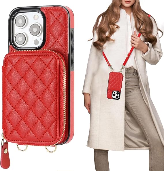 Bocasal Crossbody Wallet Case for iPhone 15 Pro, RFID Blocking PU Leather Zipper Handbag Purse Flip Cover, Kickstand Folio Case with Card Slots Holder Wrist Strap Lanyard 5G 6.1 Inch (Red)