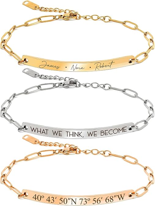 MignonandMignon Personalized Engraved Charm Paper Clip Link Chain Bracelet Mother's Day Gift Women Handmade Jewelry Birthday Friendship -P-12BR