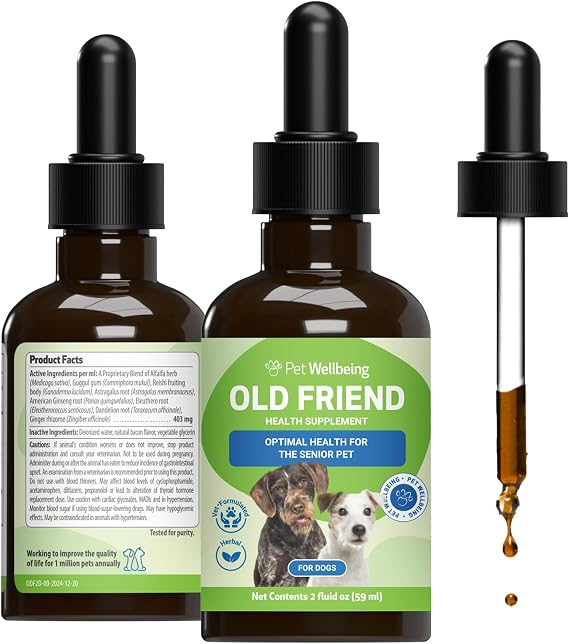 Pet Wellbeing Old Friend for Senior Dogs - Supports Immune System Health, Joint Mobility, Healthy Energy Levels, Alfalfa, Reishi - Veterinarian-Formulated Herbal Supplement 2 oz (59 ml)