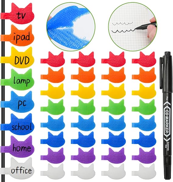32Pcs Kitty Head Cable Labels with Pen, Reusable Cord Tags 8-Color Self-Adhesive Waterproof for Wire Management, Multi-Use for Home Office