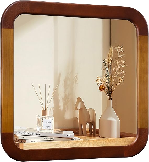 Bathroom Mirror 24 x 24 Inch,Brown Wood Walnut Square Tempered Wall Mirror | Rustic Round Corner Farmhouse Wooden Vanity Mirror for Living Room,Entryway or Bedroom(Walnut Brown)