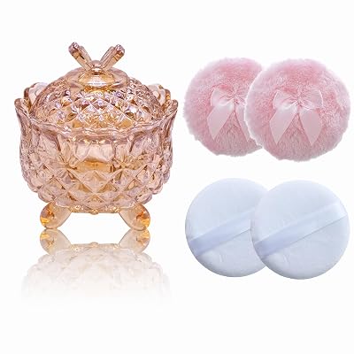 5 Pieces Large Body Powder Puff and Powder Container, Crystal Case for Dust Puff, Powder applicator with Box for Face and Body Amber, Butterfly