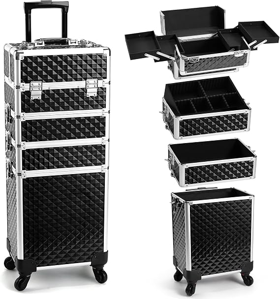 Yueieoun Rolling Makeup Train Case, 4-in-1 Cosmetology Case on Wheels, Nail Tech Cart for Travel, Professional Cosmetic Vanity Case, Suitcase for MUA/Manicure/Tattoo/Style, Lockable Storage Box, Black