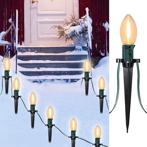 SUNSGNE C9 LED Christmas Pathway Lights Outdoor 38 Feet Sidewalk String Lights with Marker Stakes, 25 LED Clear Connectable Christmas Walkway Markers Lights for Outside Porch Garden Yard Lawn Decor