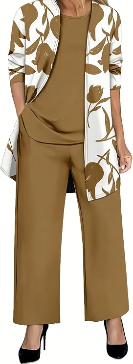 Womens 3 Piece Pant Suit Set Long Sleeve Cardigan Sleeveless Top Wide Leg Pants Sweatsuit Wedding Guest Evening Party Outfits