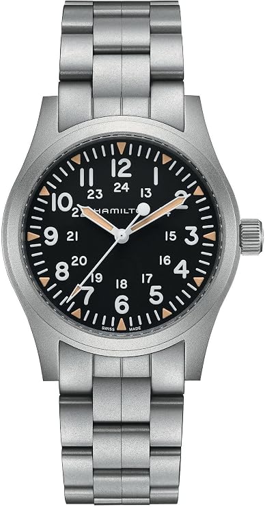 Hamilton Khaki Field Mechanical Men's Watch, 42mm Stainless Steel Case, Swiss Made, Black Dial Analog Wrist Watch for Men, 50m Waterproof, Sapphire Crystal, Stainless Steel Strap