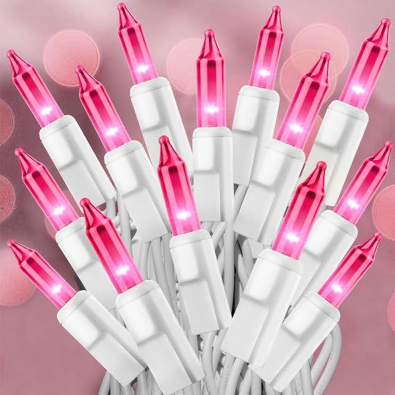 Pink Christmas Lights 25FT 100 Incandescent Bulbs, Pink Mini Lights with White Wire for Valentine's Day, Wedding, Garland, Thanksgiving, Party, Home, Indoor & Outdoor Festival Xmas Decoration