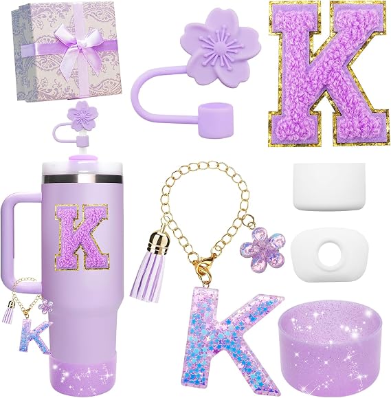 Purple Accessories for Stanley Cup 30OZ 40OZ, All Accessories Gift Box Contain Flower Straw Topper, Sillicone Boot, Letter Stickers and Pendants,Spill Stopper Set (Purple K)