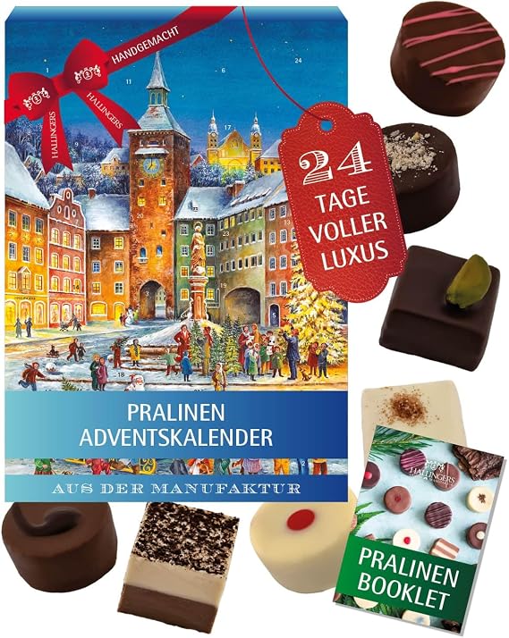 Hallingers Genuss Manufaktur Pralinen Adventskalender - ohne Alkohol handmade aus Confiserie-Edelkakao in wertigem Softfeel-Karton Romantische Wei... Weihnachtskalender für Frauen Männer