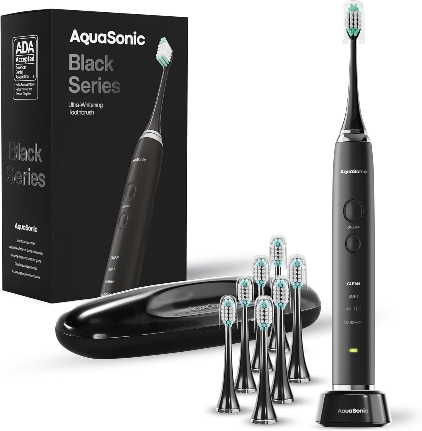 aquasonic black series ultra bright electric toothbrush - ada accepted - 8 brush heads & travel case - wireless loading - 4 modes with smart timer