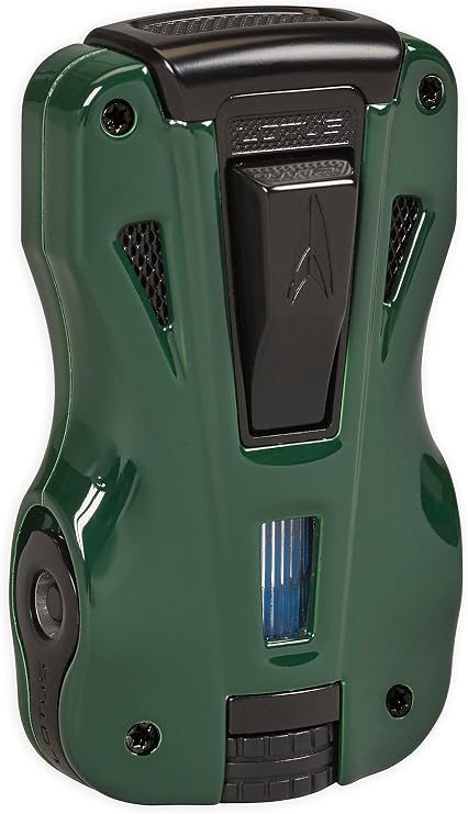 Lotus GT Cigar Lighter with Double Pinpoint Wind-Resistant Torch Flames, Metal Housing, Two Fold-Out Cigar Punches, Two-Sided Fuel Level Window, Large Tire-Shaped Flame Adjuster (Green & Black Matte)