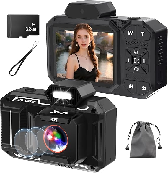 Digital Camera, 4K 48MP HD Auto Focus Camera, Digital Camera with 32G SD Card for Teenagers, Beginners - Black