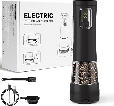 Electric Salt and Pepper Grinder, Rechargeable Automatic Pepper Mill with Base,5-Level Adjustable Coarseness, Display, LED Lighting, Large Capacity-Ideal for Kitchen, BBQ Gifts 1, Black-A
