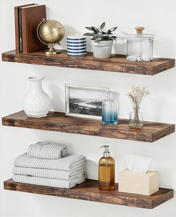 Easy Install 15.6 Inch Floating Wall Shelves Set of 3 Brown