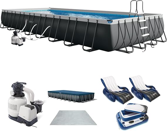 Intex Ultra XTR 32ft x 16ft x 52in Above Ground Swimming Pool Set Bundle | 26373EH - 2800 GPH Sand Filter Pump, Ladder, Pool Cover & Ground Cloth with Inflatable Lounge Recliners (2-Pack) and Cooler