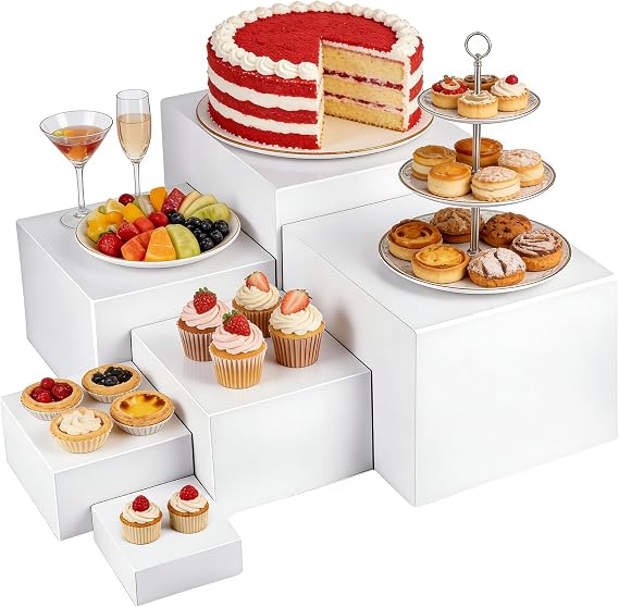 6 Pcs Buffet Risers Sets, White Acrylic Cube Stand With Hollow Bottoms | 3x4x5x6x7x8 Inch Food Display Riser Boxes for Weddings, Dessert Table Display Set for Jewelry, Collectibles, Cake, Cupcake