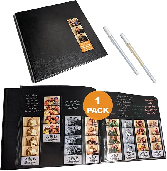 2x6 Photo Strip Album, Black Cover Black Pages, 2 Gel Pens | Leather-cover photo strip scrapbook journal holds 2x6 photos. Album guest book for weddings, graduations, anniversaries.