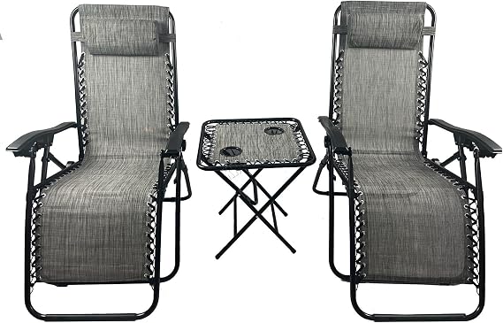 BIRCHTREE Set of 3 ZERO GRAVITY Adjustable Folding Lounge Patio Deck Sun Recliner Chairs Cup Drink Holder Garden Beach Sets Grey