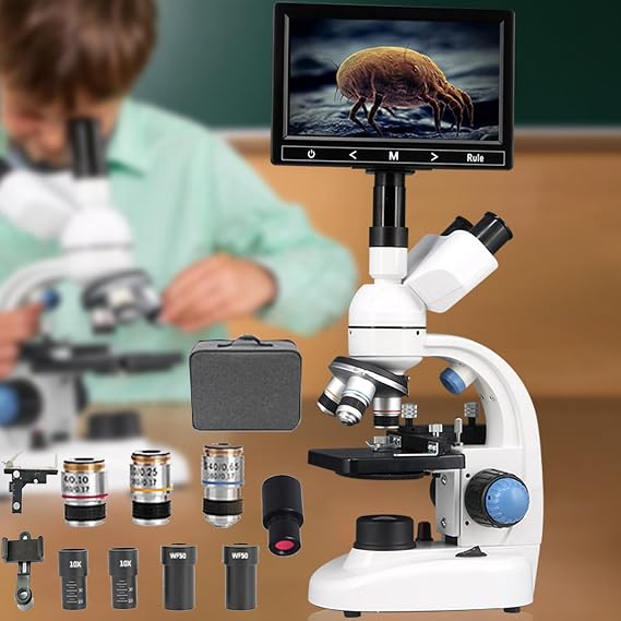 Trinocular Microscope 40x-30000x/50000x/70000x, Digital Laboratory Trinocular Compound Led Microscope with E-Eyepiecee+7" Monitor for Aquaculture/Education/Chemistry/Husbandry/Farms,30000X