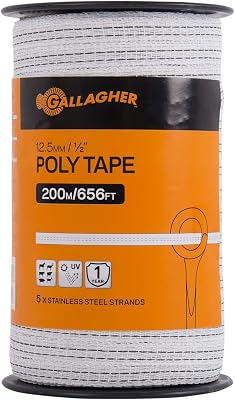 Gallagher Electric Fence Poly Tape | Ultra White 656 Ft Roll | 5 Stainless Steel Rust Resistant Strands | Suitable for Portable & Semi Permanent Electric Fences | UV Resistant 12 Diameter Poly Tape