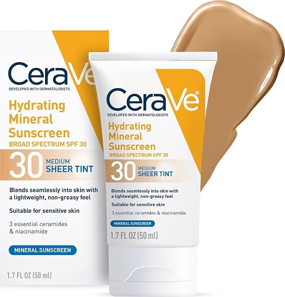 CeraVe Tinted Sunscreen for Face, Mineral SPF 30 Moisturizer, Medium, 1.7oz | Skin Care, Face Sunscreen, Hyaluronic Acid, Zinc Oxide, Titanium Dioxide, Sheer Tint, Healthy Glow, Blends Seamlessly