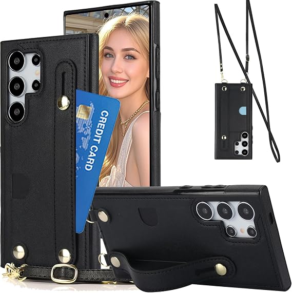 Crossbody for Galaxy S24 Ultra Case with Card Holder XK-Black