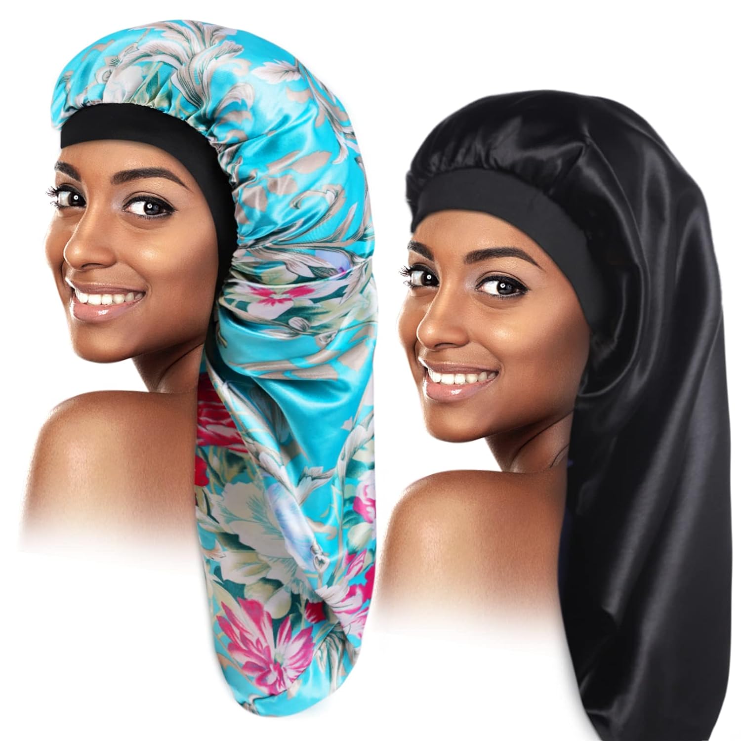 2 Pcs Satin Bonnet,Long Hair Bonnet,Sleep Cap for Black Women,Silk Bonnet with Soft Elastic Band,Satin Sleep Cap for Curly Hair Braids Dreadlocks,Silky Hair Loose Cap for SleepingBlackBlue Flower