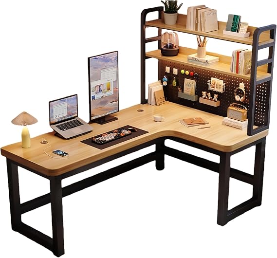 Modern L-Shaped Gaming Desk with DIY Pegboard, Corner Computer Table with Storage Shelves and USB Station, Writing Workstation for Bedroom Home Studio, Black Metal Frame(Natural,Right,47.2in)