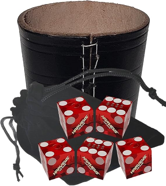 Authentic Casino Dice w/Pouch + Genuine Leather Cup Wide Opening (No Lining Natural, Lake Tahoe Harvey's Red Polished)